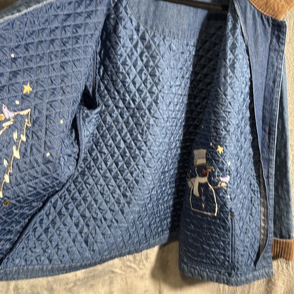 Vintage quilted coat 2X denim Blue Jacket with Snowman and Tree Embroidery - Picture 10 of 13
